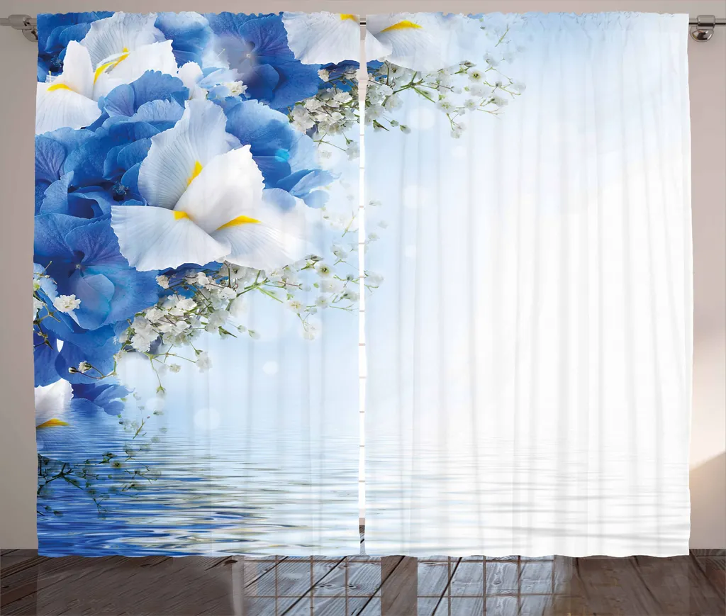 Rideau de Chambre Floral avec Crochets et Ruban Froncé Bleu Blanc Jaune