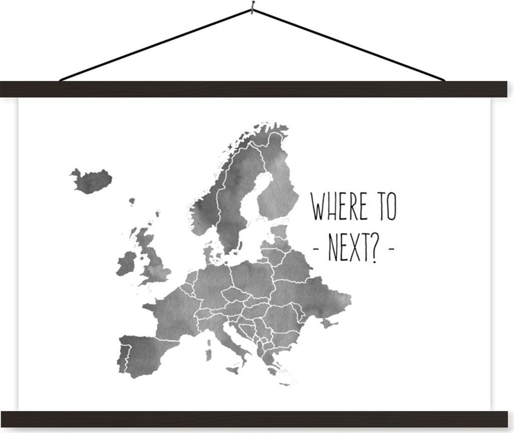 MuchoWow Textilposter Eurocard in grauer Aquarellfarbe mit dem Zitat "Wohin als nächstes?" - schwarz und weiß 90x60 cm mit schwarzem Rahmen - A...