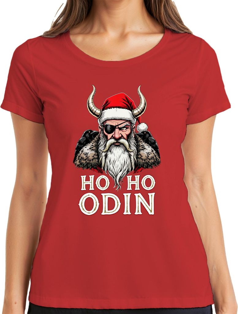 Ho Ho Odin Wikinger mit Hörnern Raben Augenklappe Geschenk Damen T-Shirt, Rot, XL