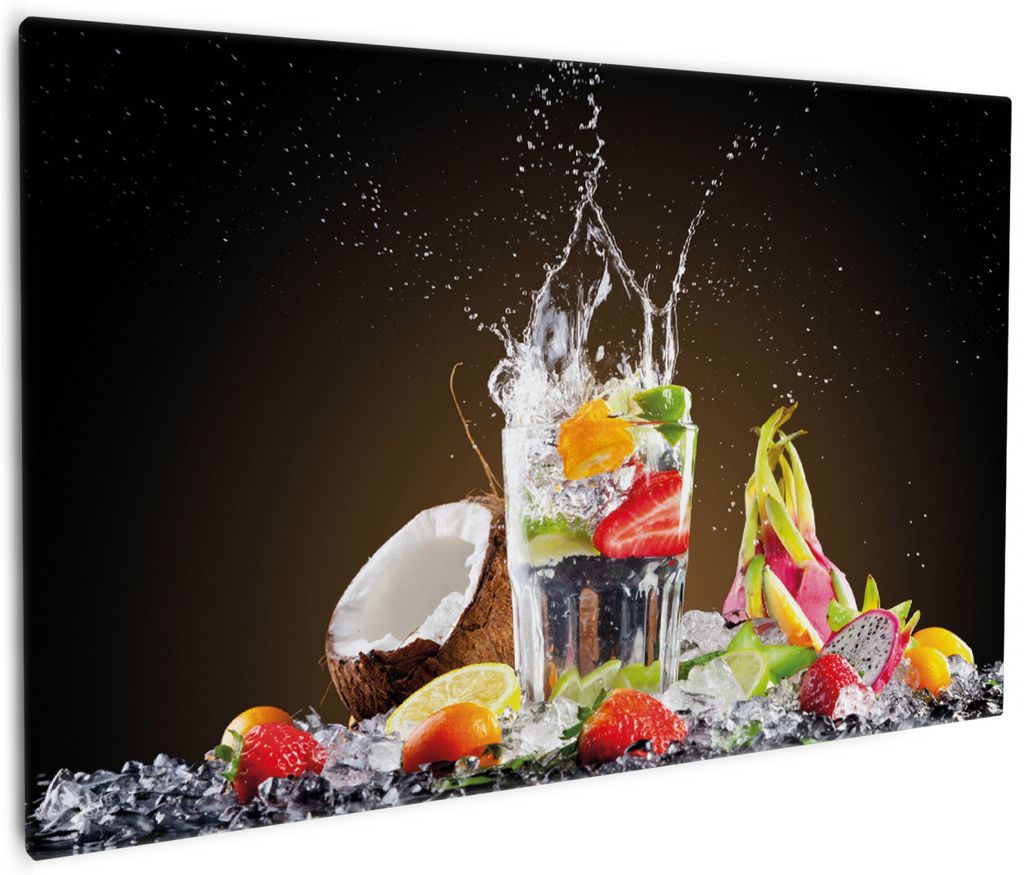 Wallario Premium Leinwandbild Tropische Früchte in einem erfrischenden Drink in Größe 60 x 90 cm