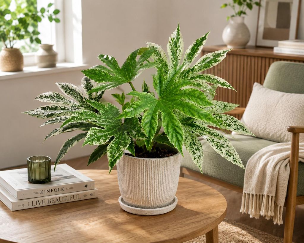 Fatsia japonica 'Spiderweb' 30–40 cm – Gevlekte Productafbeelding  AI-gegenereerde afbeelding