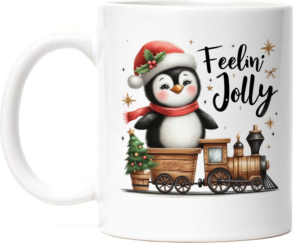 Feelin' Jolly Lustiges Pinguinmotiv Tasse Weiß Geschenkidee witziges Design Weihnachten Geschenk für Pinguinfans