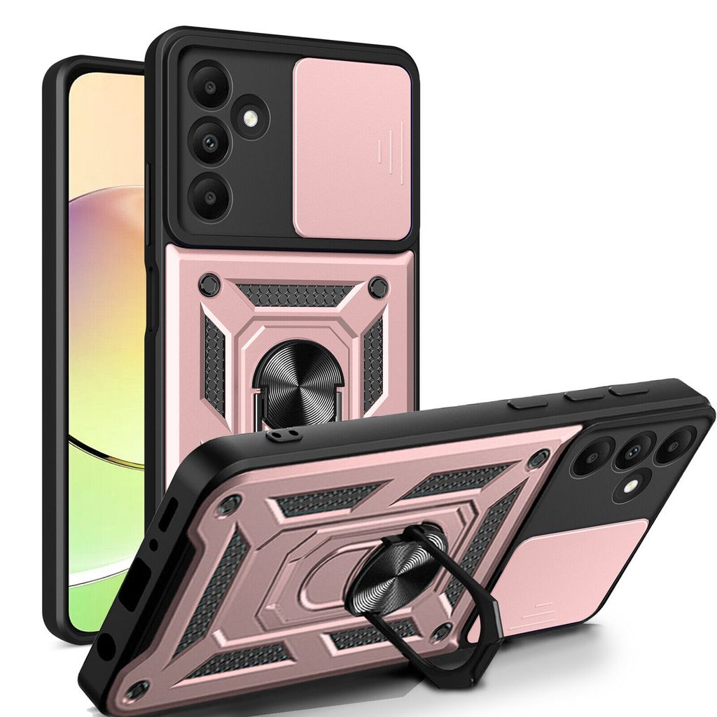 A rose gold and black phone case with a camera cover and ring holder is shown from two angles against a white background.