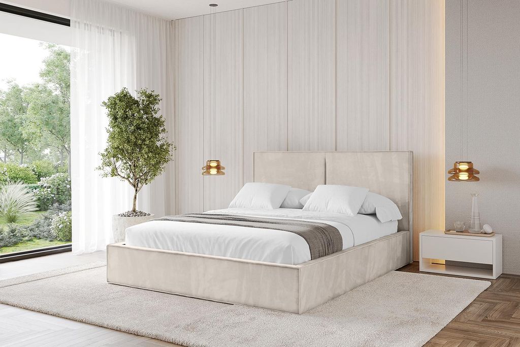 ALTDECOR Polsterbett mit Bettkasten - EMMI - 160x200 Beige Casablanca - Bett mit Matratze H3/H4, Kopfteil, Boxbett, Doppelbett mit Stauraum