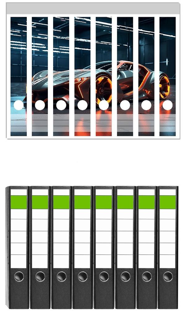 Wallario 8 Stück schmale Ordner inkl. Klebeetiketten mit Motive Futuristisches Supercar - Set mit Rückenschildern / Ordnerrücken Stickern