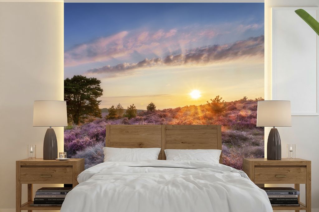 MuchoWow Fototapete für Wohnzimmer oder Schlafzimmer Wandtapete Vinyl Motivtapete Heide bei Sonnenuntergang - 260x260 cm - Papiertapeten