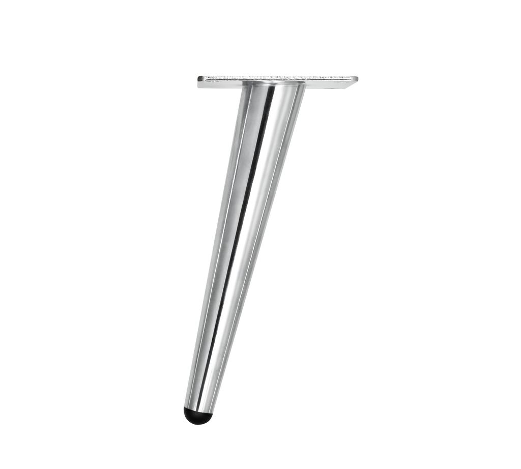 A single chrome furniture leg is shown against a white background.