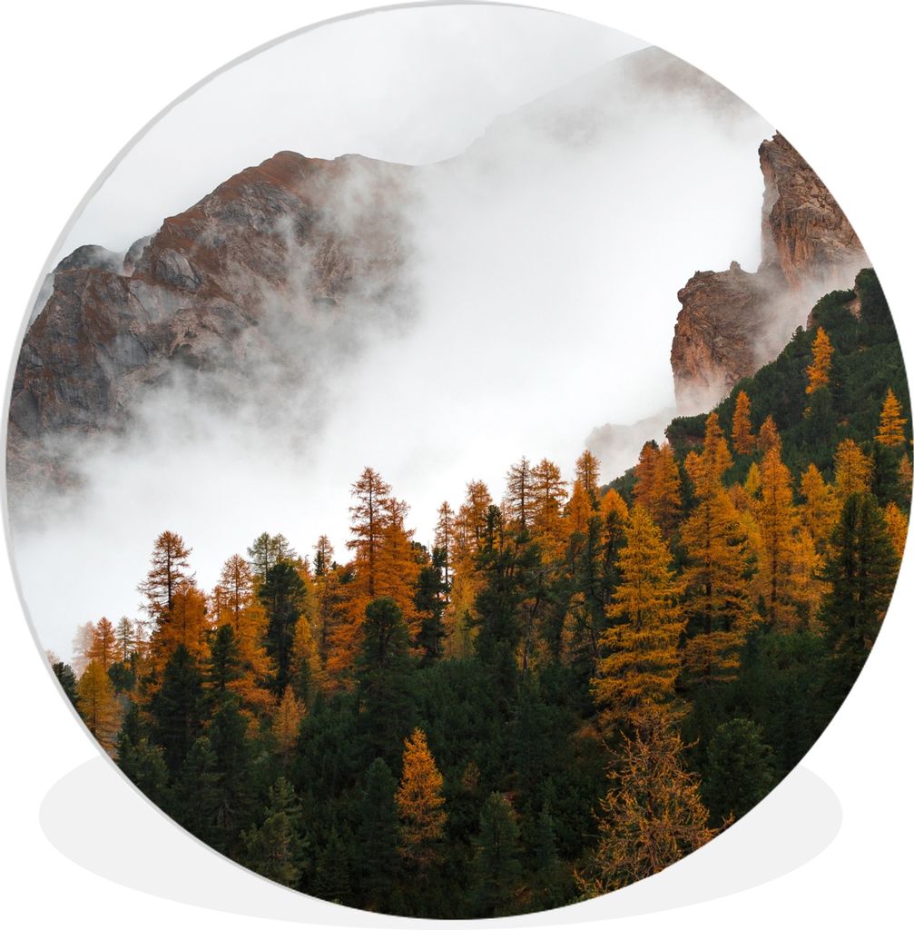 MuchoWow Rundes Wandbild - Runde Bilder Berg - Nebel - Wald Ø 90 cm Kreis Wanddekoration Kunststoff - Wandkreis - Wandschmuck - Wand-Kreis - Woh...