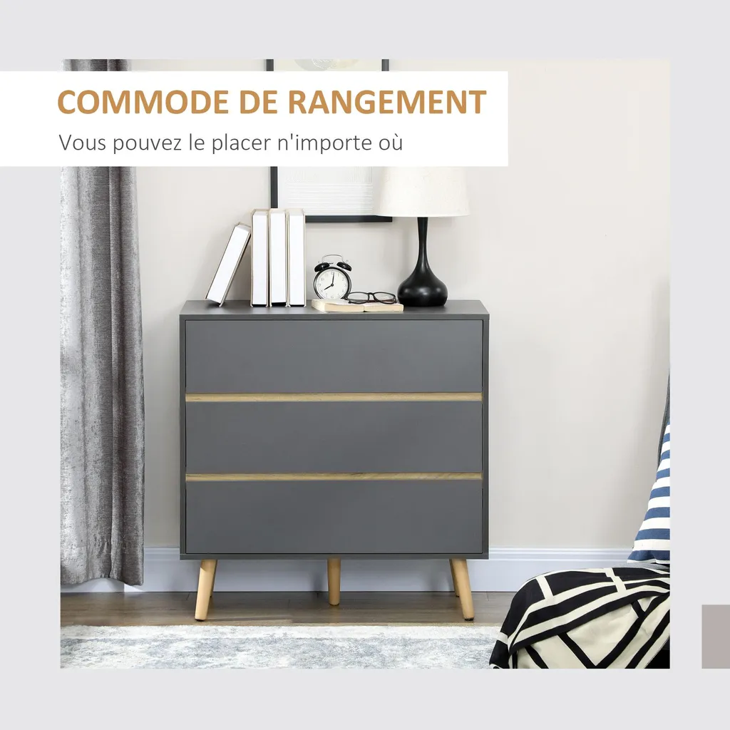 Rangement chambre commode grise 3 tiroirs scandinave gain de place 80cm