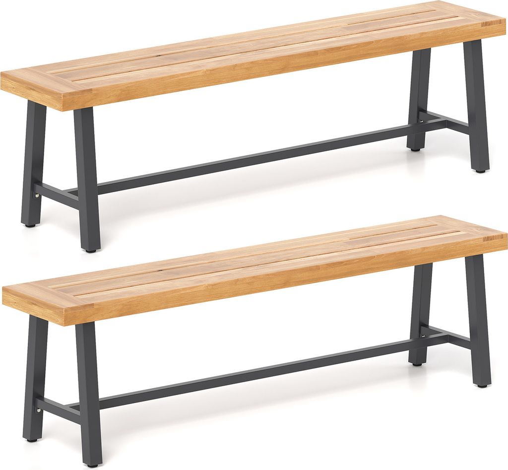 Two identical wooden benches with dark metal legs are shown against a white background.