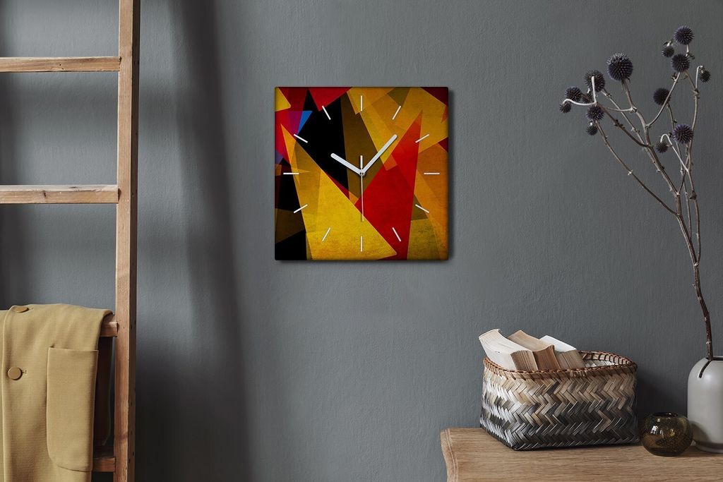 Coloray Hodiny Unikátní 30x30 cm Tiché hodiny Pro obývací pokoj a kuchyň Nástěnné hodiny Plátno Bílé ručičky hodin - Geometrie troj...