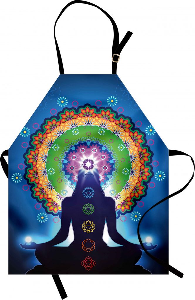 ABAKUHAUS Chakra Kochschürze, Schattenbild der Frau Yoga mit vertikalen Mischungs-Effekten und Maschen-Friedensmotiv tuend, Farbfest Höhenverstel...
