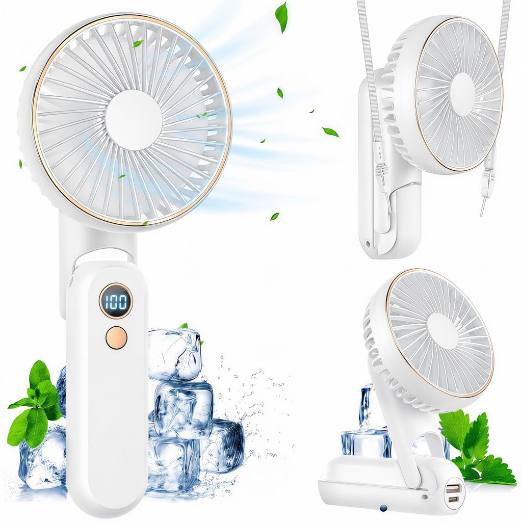 Handventilator,Tragbarer USB Handyhalter Lüfter,Mini Hand Ventilatoren mit 5 Windgeschwindigkeit,4000mAh Akku,180°-Faltbar&LED-Display,Leise,Weiß