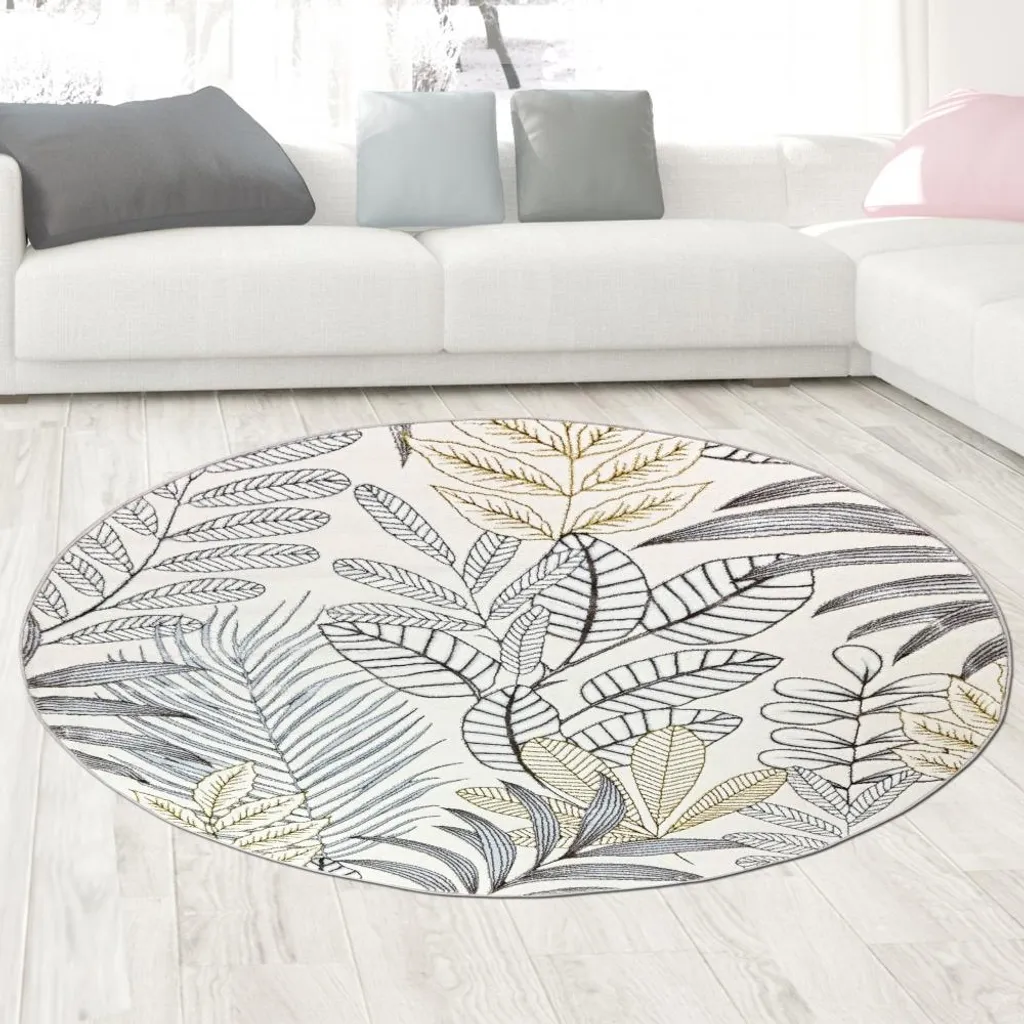 Tapis de salon rond 120 cm Crème à motifs de feuilles effet scintillant