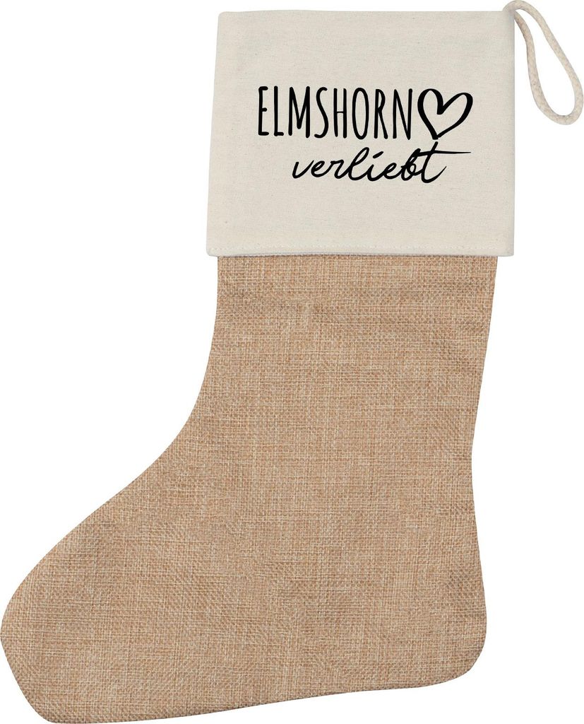 Huuraa Weihnachtsstrumpf Elmshorn verliebt Beige Jute Kaminstrumpf Geschenkidee