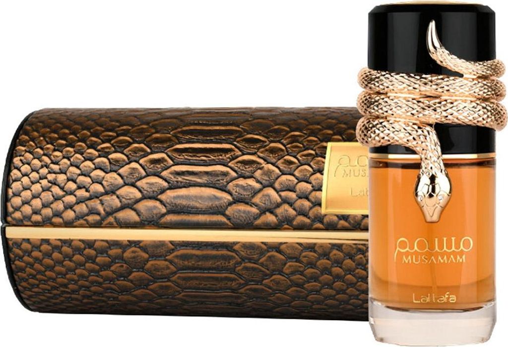 A perfume bottle and its case, both with a snake-skin texture.