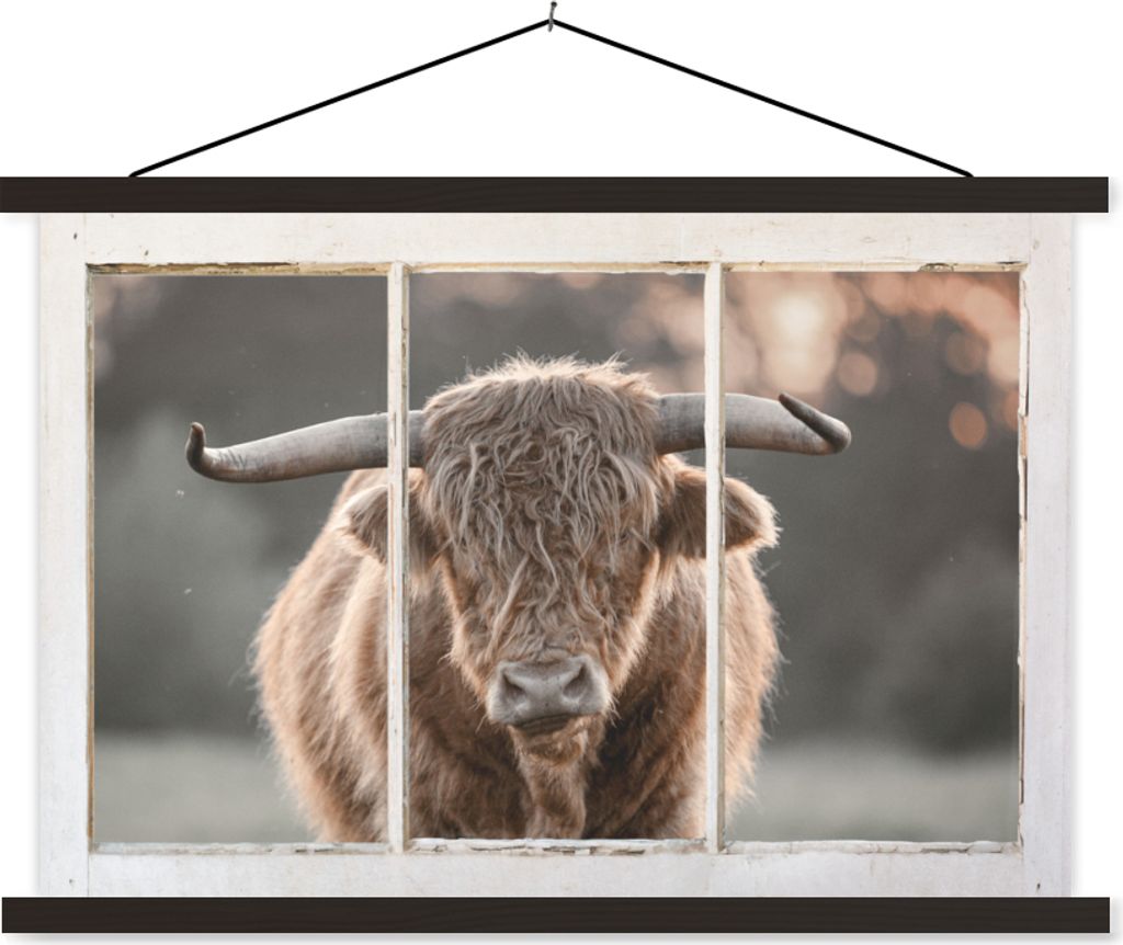 MuchoWow Textilposter Scottish Hochlandrind - Ansicht - Hörner 120x80 cm mit schwarzem Rahmen - Wanddeko