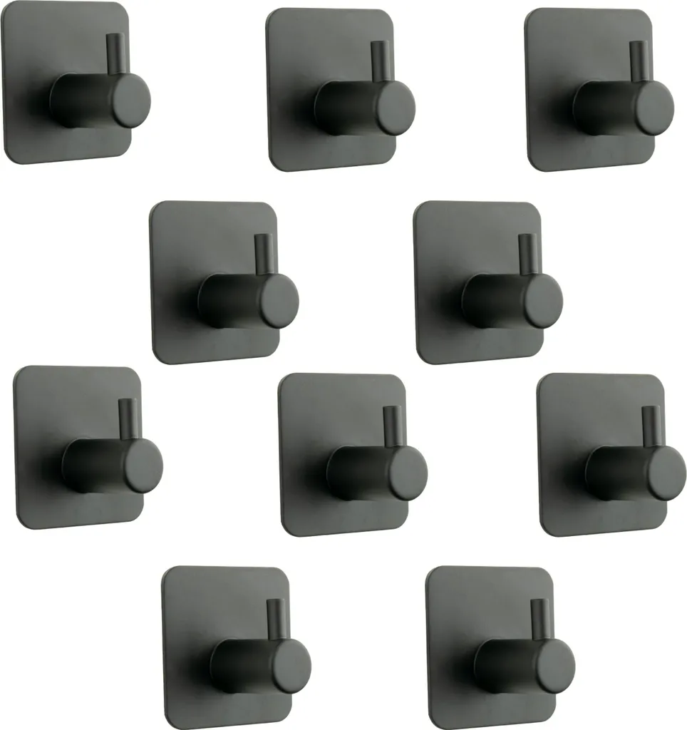 Lot de 10 Crochets Adhésifs en Métal Noir Mat avec Ruban 3M Stable