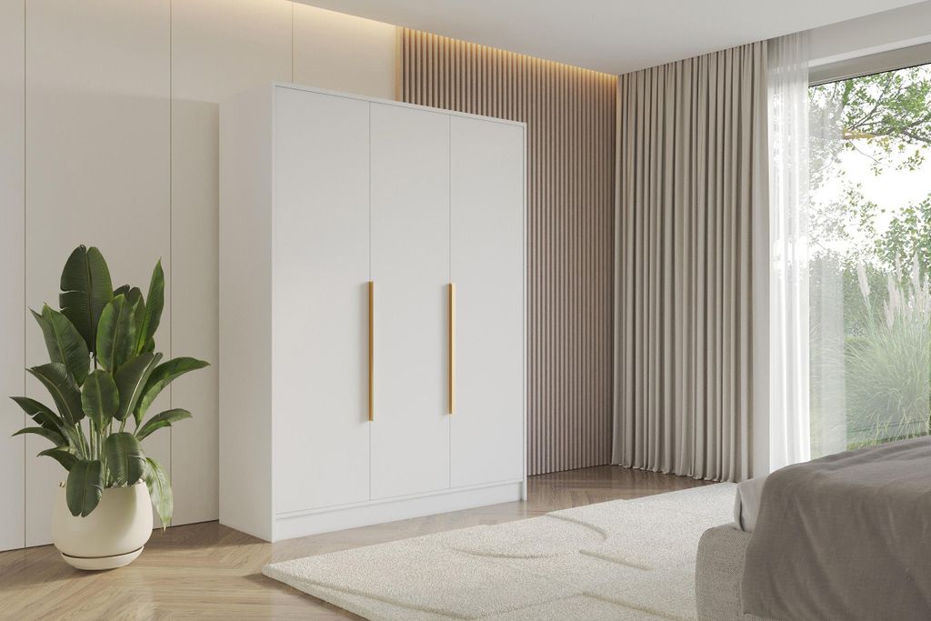 ALTDECOR Kleiderschrank PERE - 150x200x51 Weiß Schrank Garderobenschrank Mehrzweckschrank mit modernen glatte Fronten und goldenen Griffen