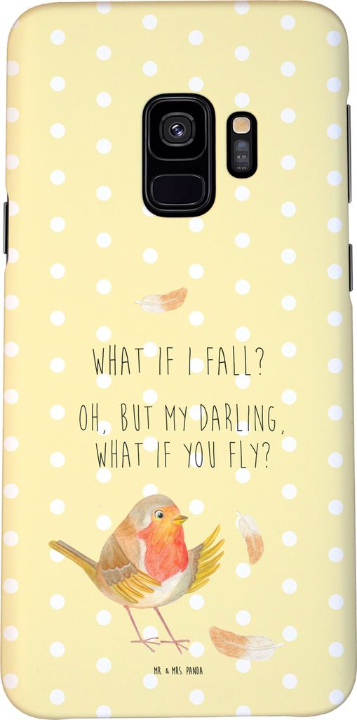 Mr. & Mrs. Panda Samsung Galaxy S9 Handyhülle Rotkehlchen Federn - Gelb Pastell - Geschenk, Vogel, Cover, fliegen, Hülle, Spruch Motivation, Hand...