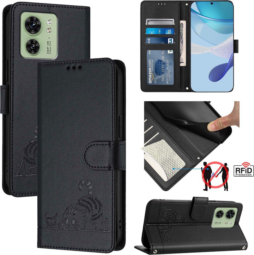 Leder Hülle für Motorola Edge 40 /Motorola Edge (2023) Süße Katze Flip Case Brieftasche Schutzhülle mit Standfunktion Schwarz
