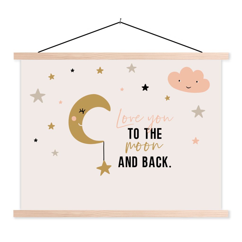 MuchoWow Textilposter Sprichwörter - Liebe dich bis zum Mond und zurück - Zitate - Kinder - Baby - Mädchen 60x45 cm mit holzfarbenen Rahmen - ...