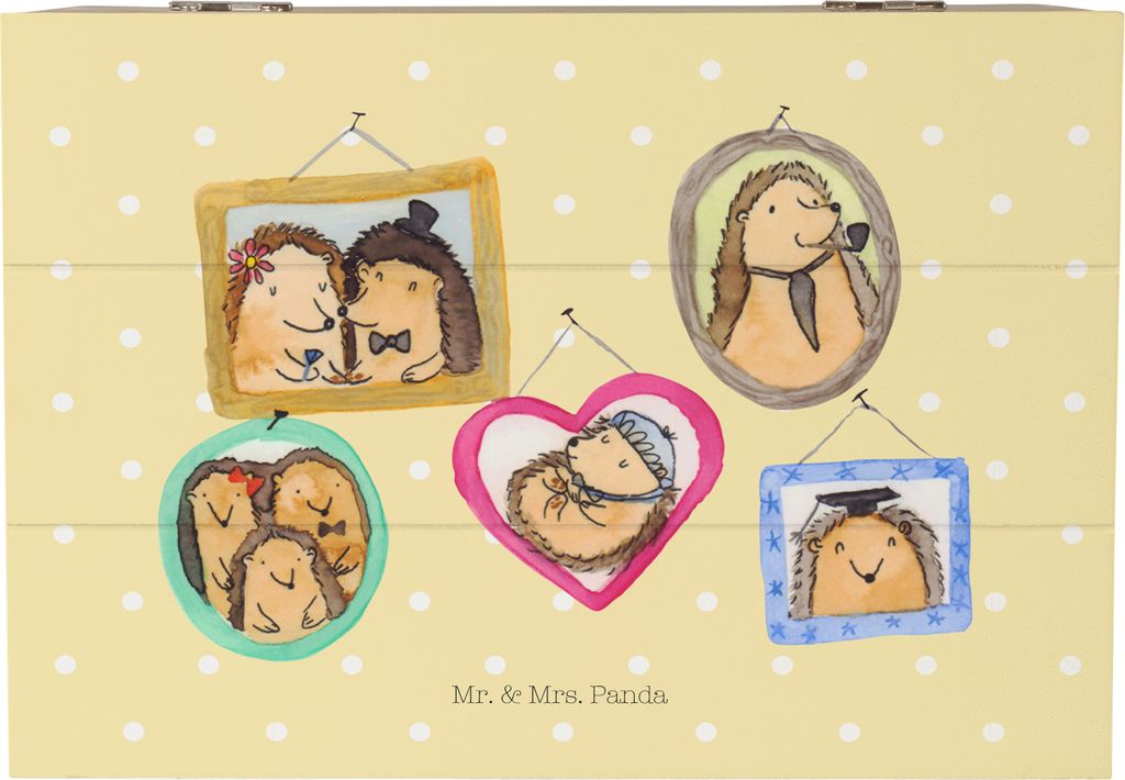Mr. & Mrs. Panda Holzkiste Igel Familie 22 x 15 cm - Gelb Pastell - Geschenk, Bilder, Kiste, schatztruhe, Truhe, Mama, Bruder, Geschenkbox, Muttert...
