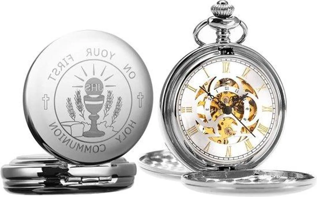 Cadeau garçon : montre de poche mécanique argentée avec boîte et chaîne