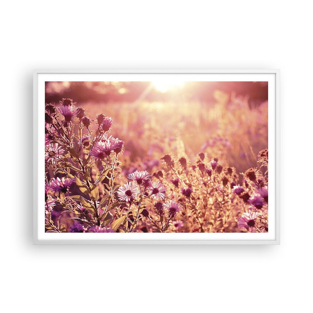 Gerahmtes Poster - Weißer Rahmen - Wiese Blumen Sonne - 100x70 cm - Wand Bild - Wanddeko - Wandbilder - Kunstposter - Wandposter - Bilderrahmen - ...