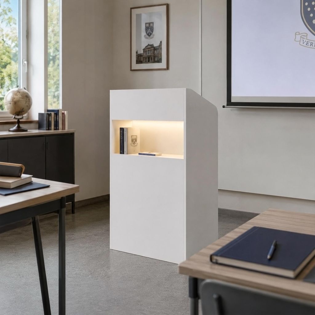 Rednerpult Weiß MDF 59x38,8x104,4cm, Schublade mit Schloss Produktbild 