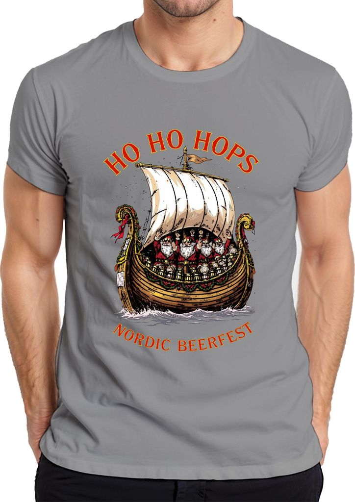Nordic Beerfest HO HO HOPS Wikingerschiff Weihnachtsmann Herren T-Shirt, Grau, M