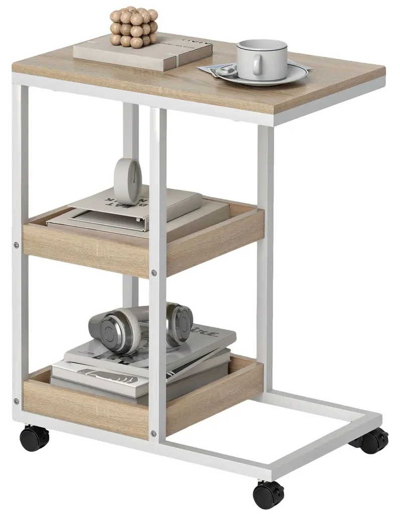 Table d'appoint forme C gain de place, étagères de rangement ouvertes