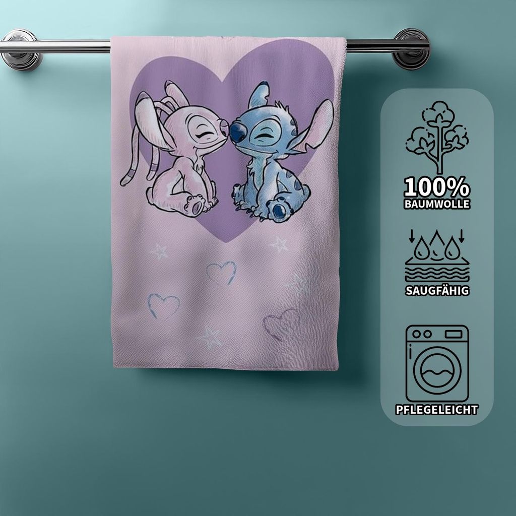 A towel with Lilo and Stitch characters is hanging on a towel rack against a blue wall. A panel with product information is on the right side.