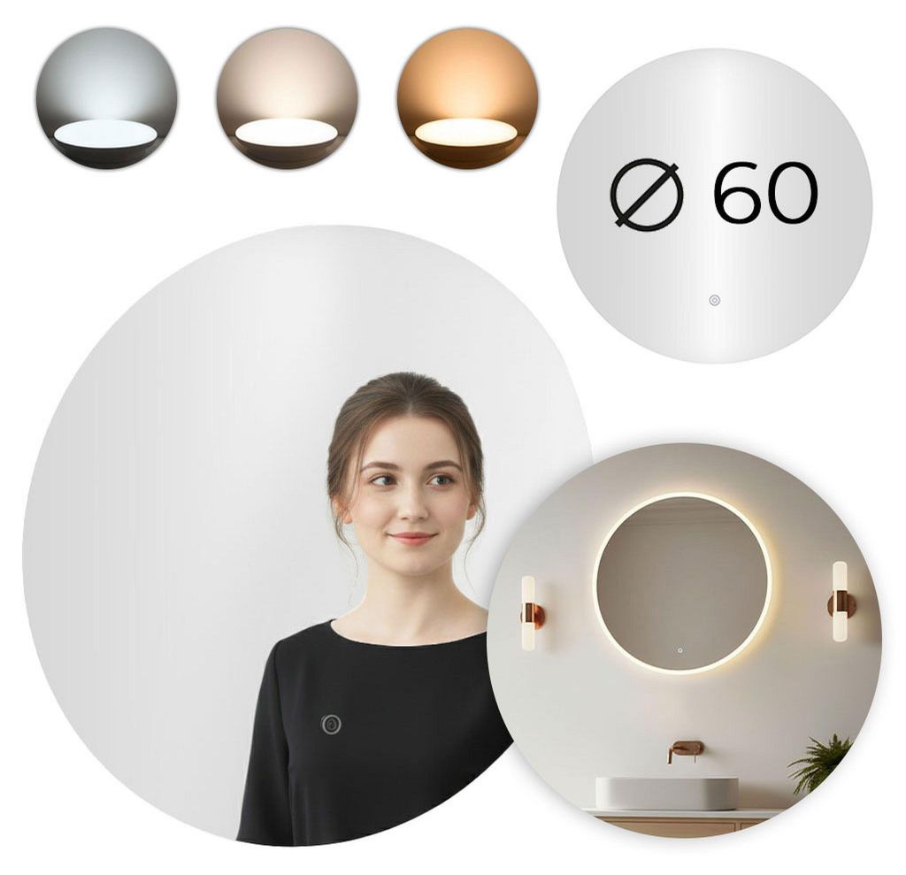 Specchio da bagno LED rotondo da parete, 60 cm, 3 colori, Immagine del prodotto 