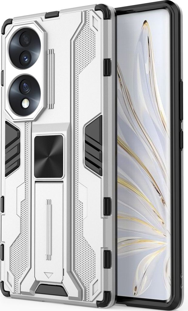 Honor 70 Hülle, Dual Layer PC TPU Bumper Stoßfest Ständer Schutzhülle für Honor 70 Silber