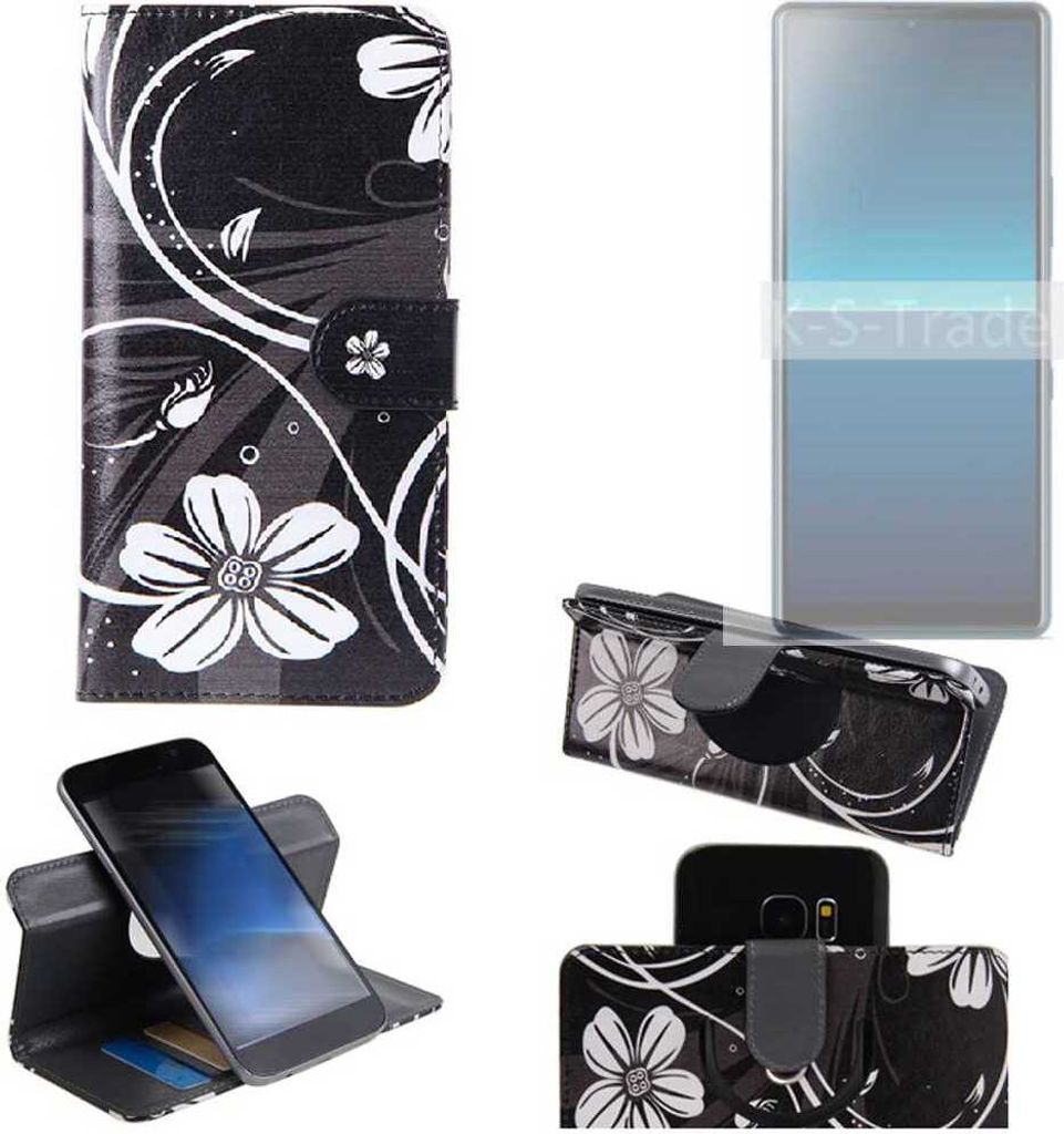 K-S-Trade Schutzhülle Handyhülle kompatibel mit Sony Xperia L4 Hülle 360° Wallet Case ''Flowers'' Klapphülle Hülle schwarz-weiß 1x