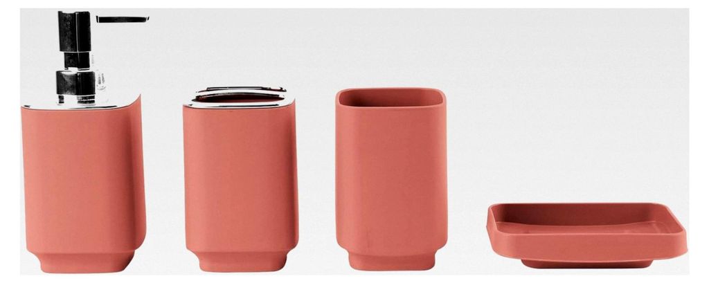 4-teiliges Badezimmer-Zubehör-Set mit Seifenspender, Becher, Seifenschale und Halter für Zahnbürsten und Zahnpasta (Morandi-Orange)