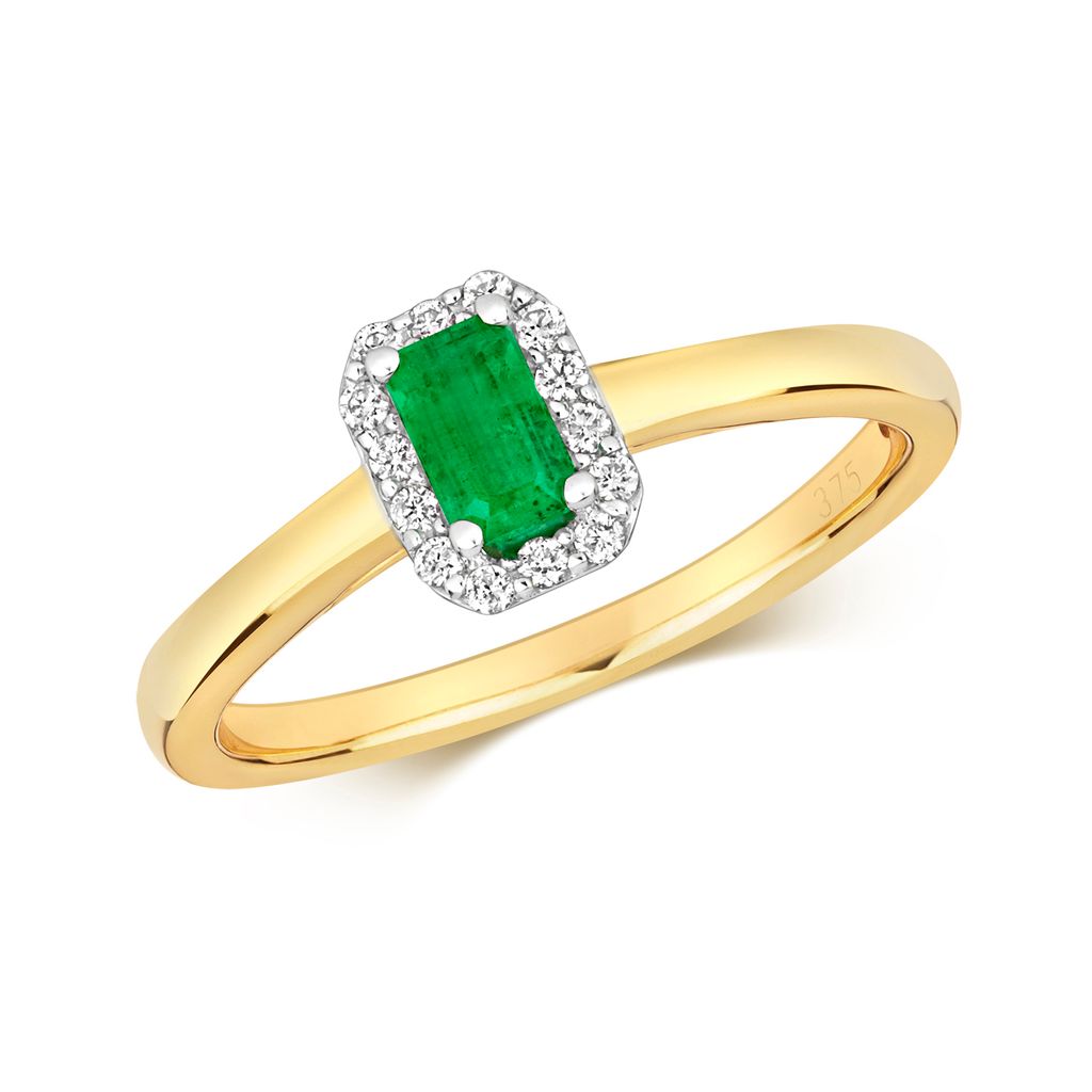 Funkelndes Feuer Edler 9 Karat (375) Gold Cluster Diamant Solitärring Brillant-Schliff 0.10 Karat HI - I1 mit Smaragd, 50 (15.9); TRS292059KYRSK