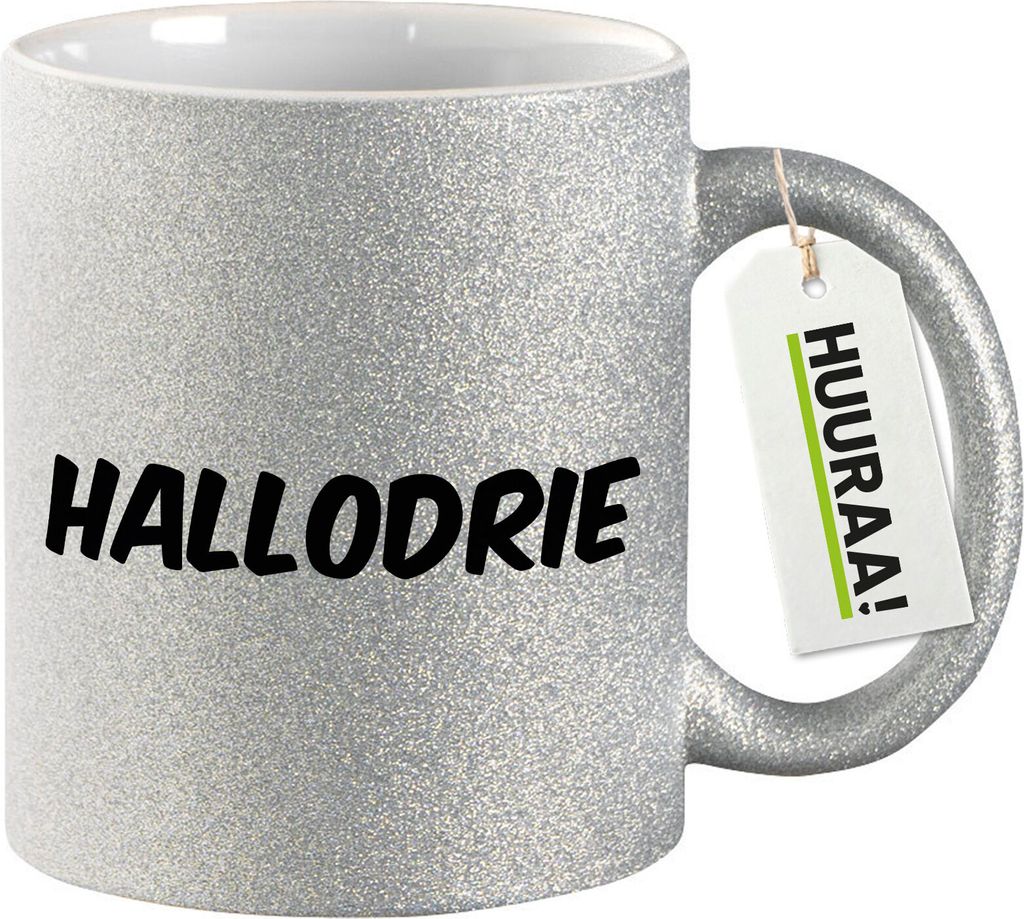 Huuraa Glitzertasse Hallodrie Schriftzug 330ml Silber Keramik Kaffeebecher Geschenkidee