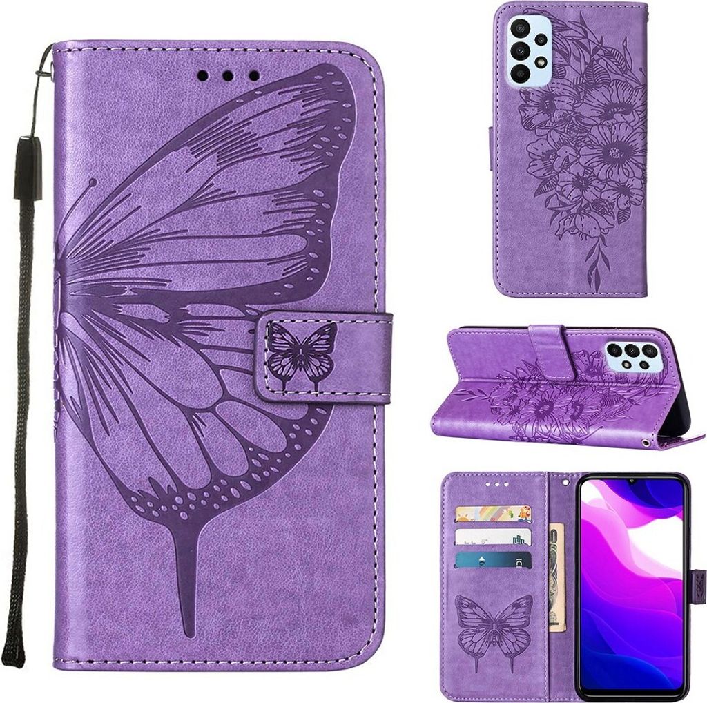 Galaxy A23 4G Hülle, Schmetterling Prägung Flip Leder Kartenfächer Schutzhülle Ledertasche mit Ständer für Samsung Galaxy A23 4G / 5G Violett