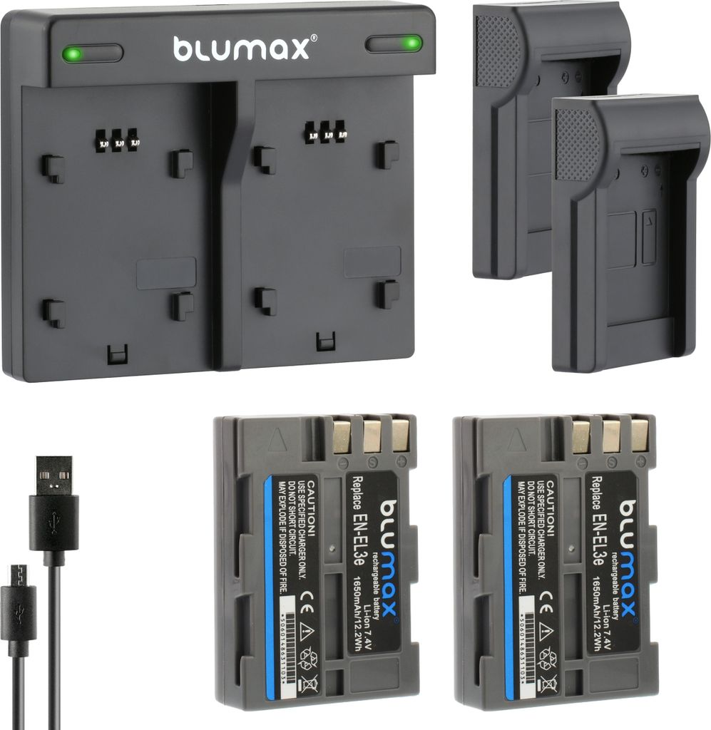 2x Akku + Lader für Nikon EN-EL3e DSLR D700 D900 D200 D300 1650 mAh (7,4V)