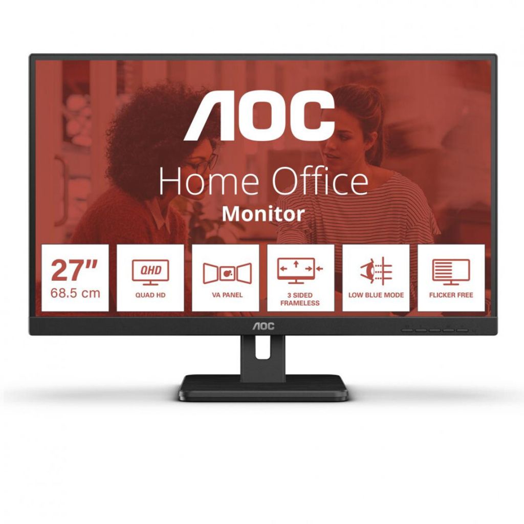 AOC monitor with feature callouts and people in the background.