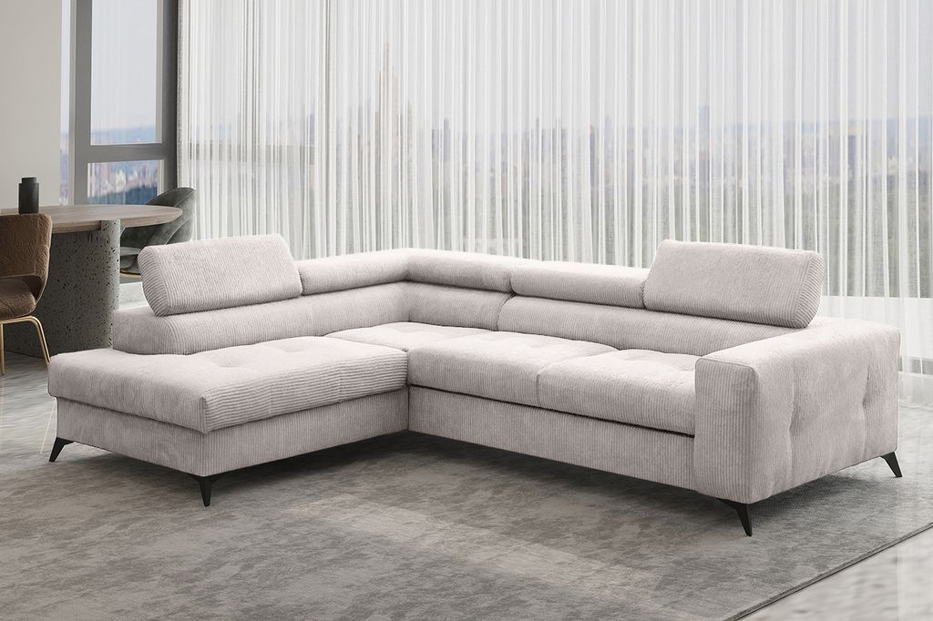 Kaiser Möbel Ecksofa mit schlaffunktion und bettkasten, Sofa L-form, Couch L-form Arcadi Dicker Cord Ecru Links