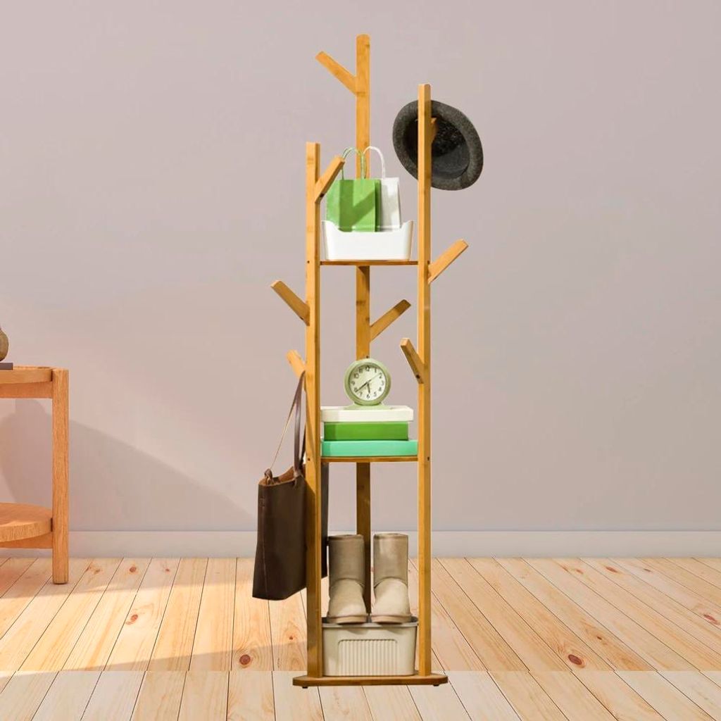 Garderobenständer aus Holz - Freistehender Mantelständer - 3 Ebenen - Für Flur, Foyer, Schlafzimmer - Natur