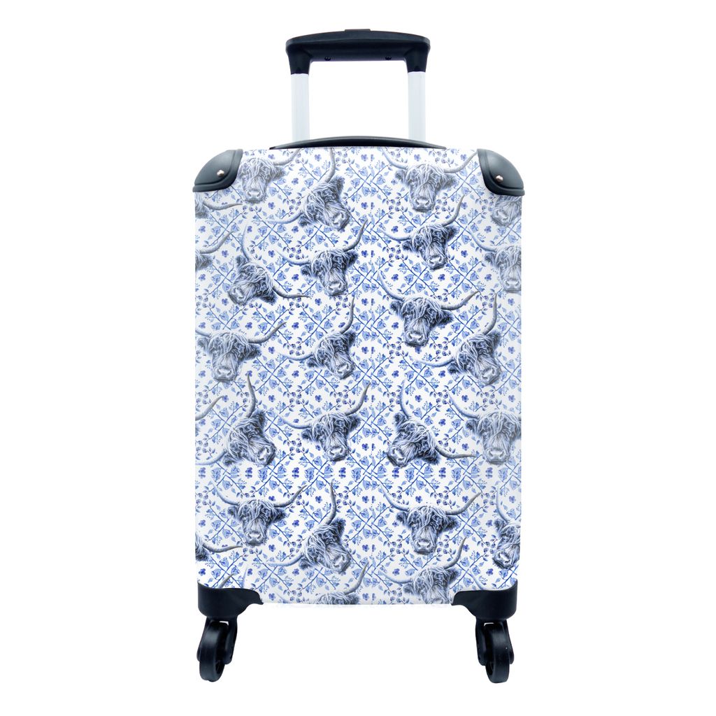 MuchoWow Koffer Handgepäck Trolley Rollkoffer Kleine Reisekoffer mit 4 Rollen - Schottischer Highlander - Schablone - Delfter Blau - Cabin Size ...