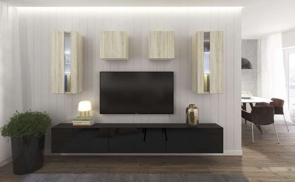 Furnitech Wohnwand Wohnzimmer - Wohnzimmer Möbel mit LED Blau - Hängend Wohnwand Modern - Regale und TV Schrank (AN291-17BS-HGM40 1A Klein)