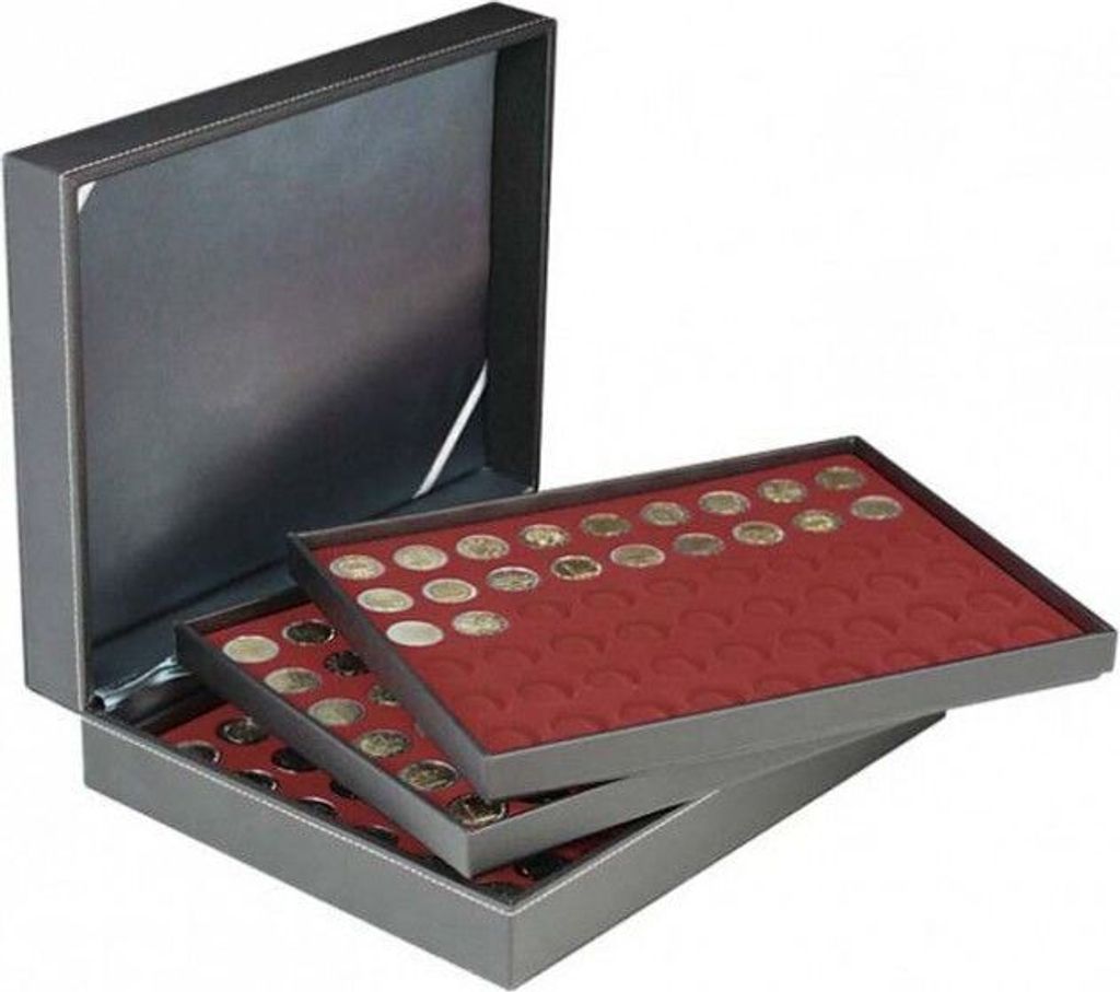 Lindner 2365-2754E Münzkassette NERA XL mit 3 Tableaus und dunkelroten Münzeinlagen für 162 Münzen mit Ø 25,75 mm, z.B. für 2 Euro-Münzen