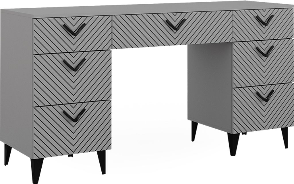 A grey vanity desk with black chevron patterns and black handles, shown from a front-facing angle on a white background.