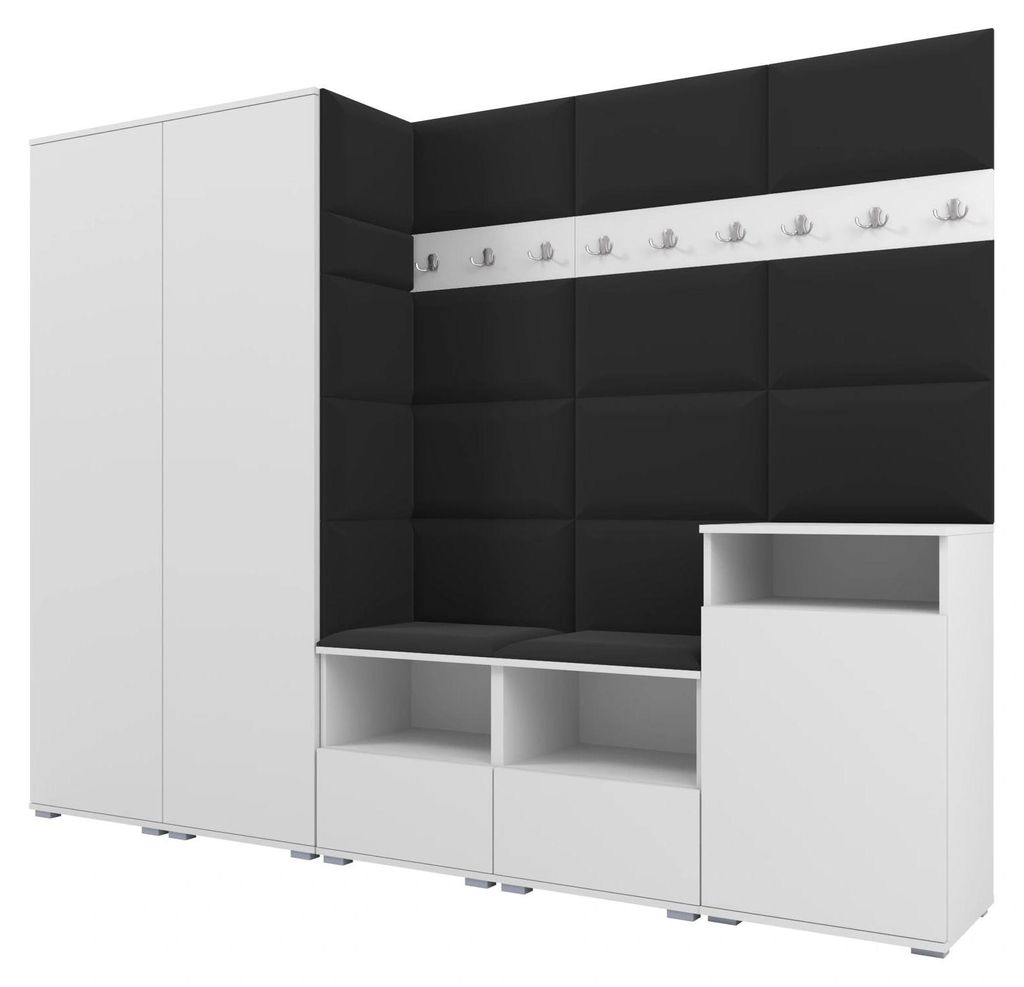 Garderobe NELA VIII 250 cm Modulare Flurmöbel Weiß mit Sitzpolster Schwarz 16 (2 Schränke + Sideboard)