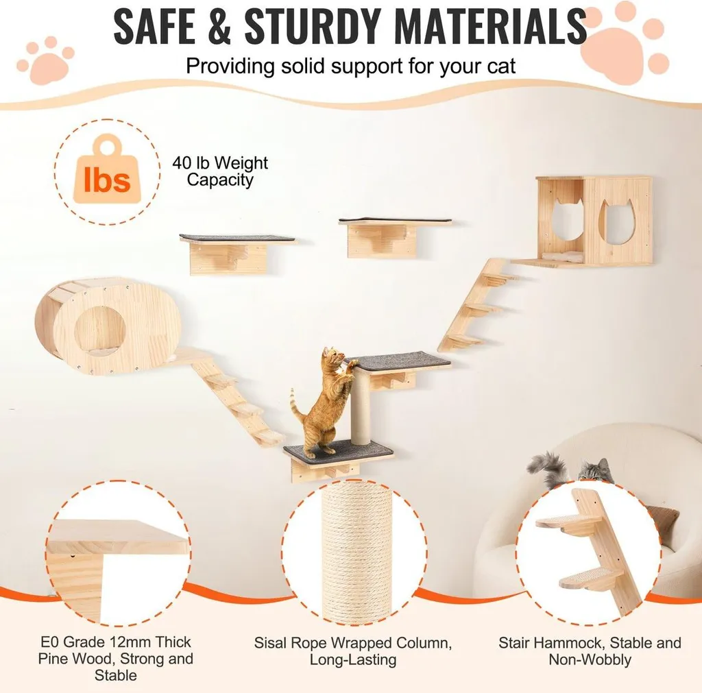 Arbre à chat mural avec plateformes de saut et hamac - Set de 7 pièces